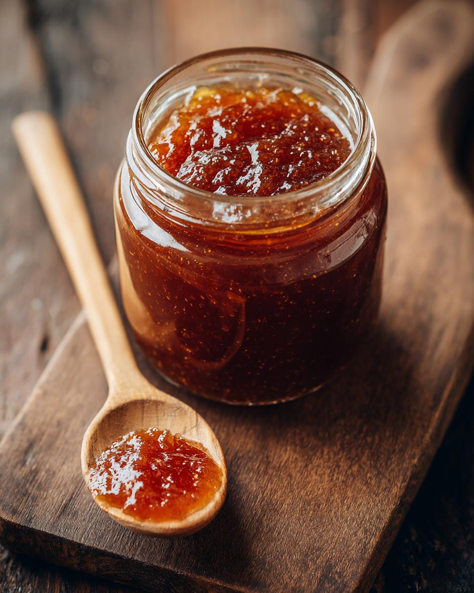 A close-up of a glass jar filled with glistening homemade apple butter, with a wooden spoon holding a dollop of the spread.