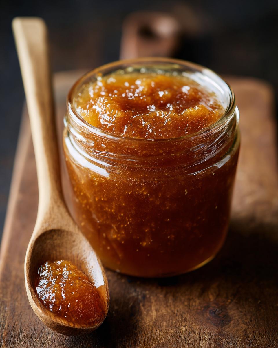 A glass jar filled with rich, dark homemade apple butter, with a wooden spoon holding a dollop of apple butter.