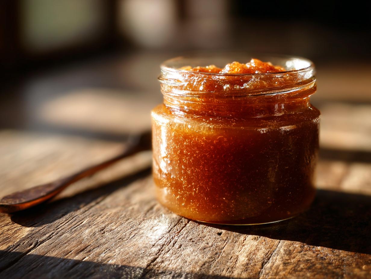 A small glass jar filled with rich, dark apple butter, sitting on a rustic wooden surface with a spoon.
