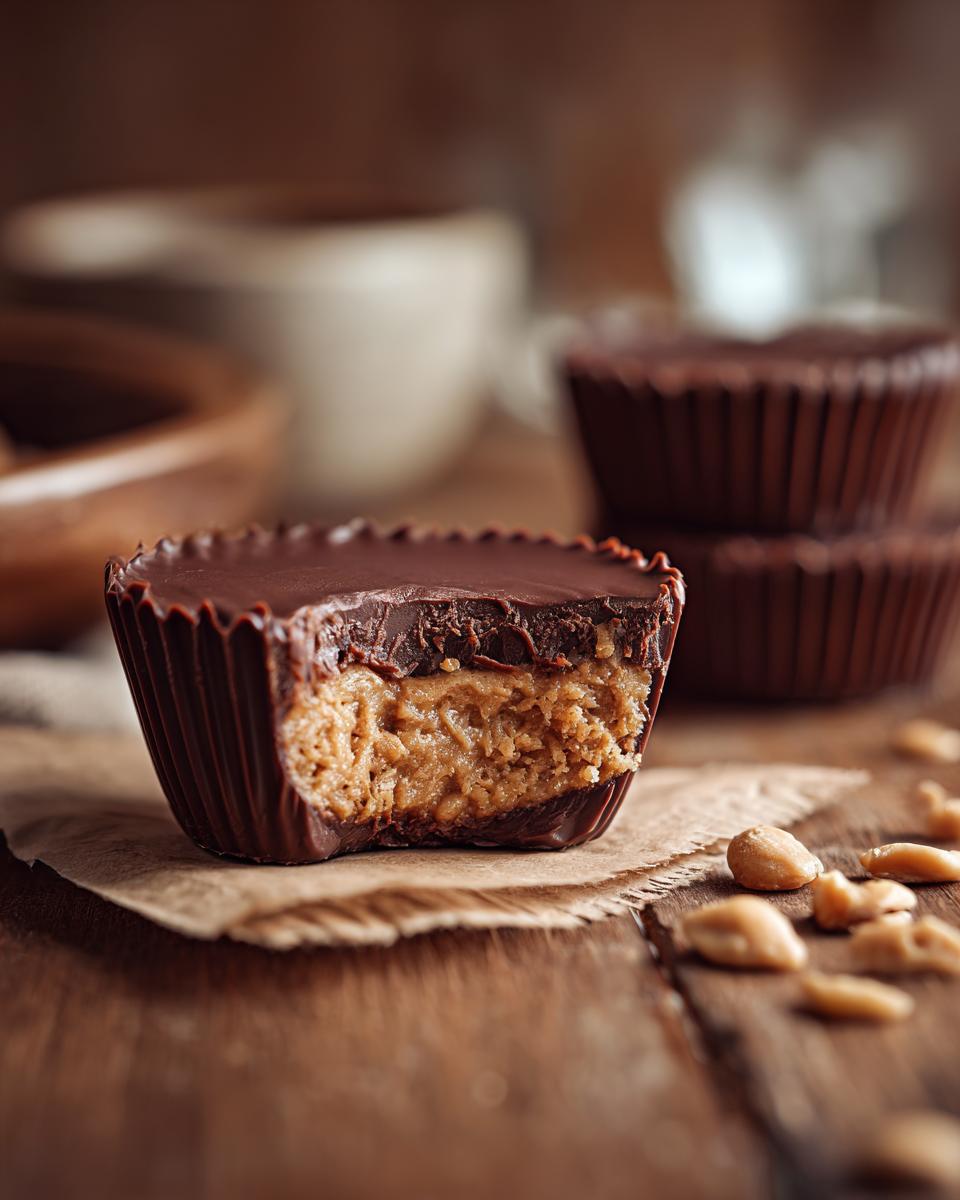Close-up of a homemade peanut butter cup with a bite taken out, revealing the creamy peanut butter filling and chocolate shell.