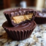 A close-up view of two homemade peanut butter cups, one cut in half to reveal the creamy peanut butter filling.