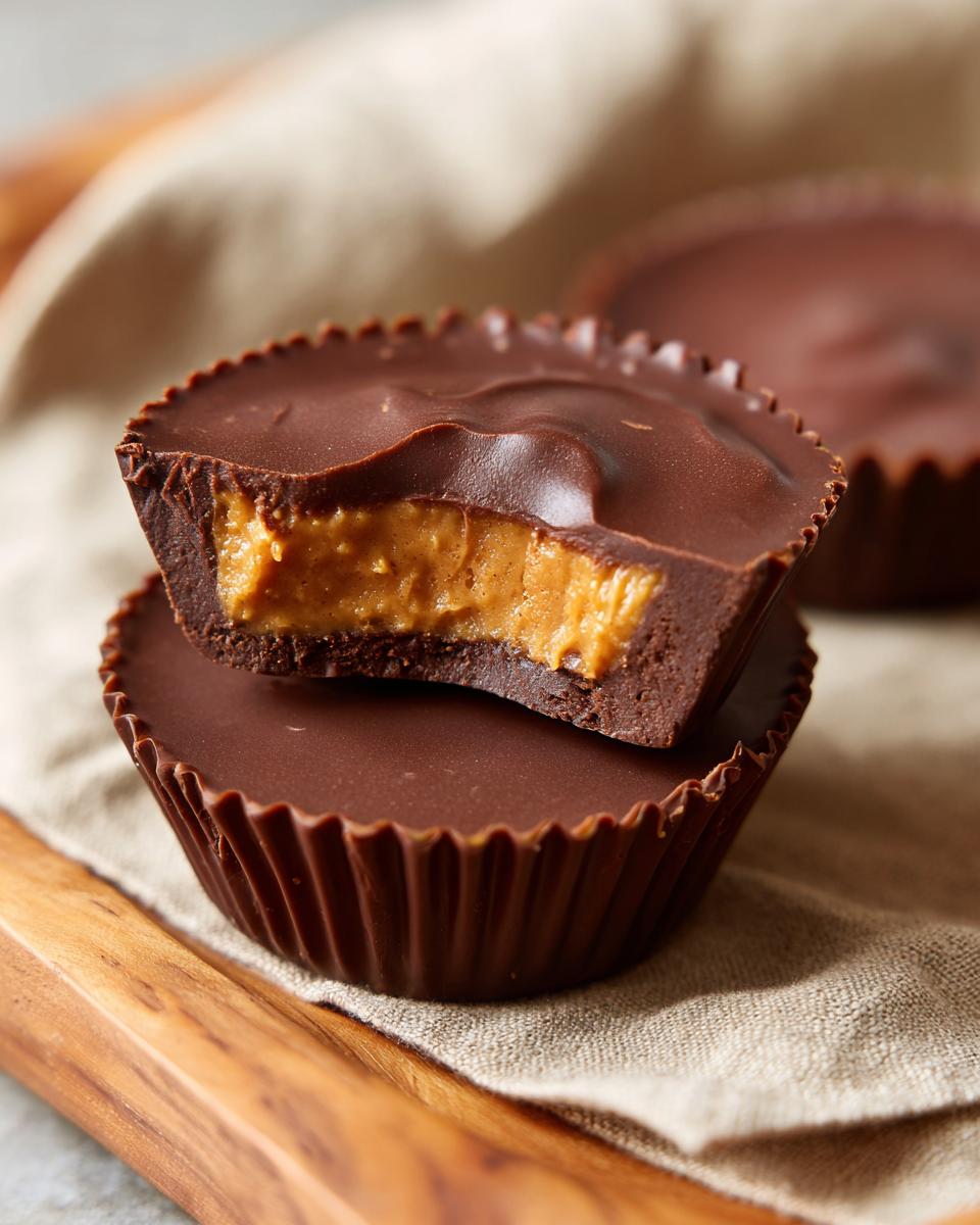 Close-up of a homemade peanut butter cup, cut in half to reveal the rich peanut butter filling and chocolate shell.