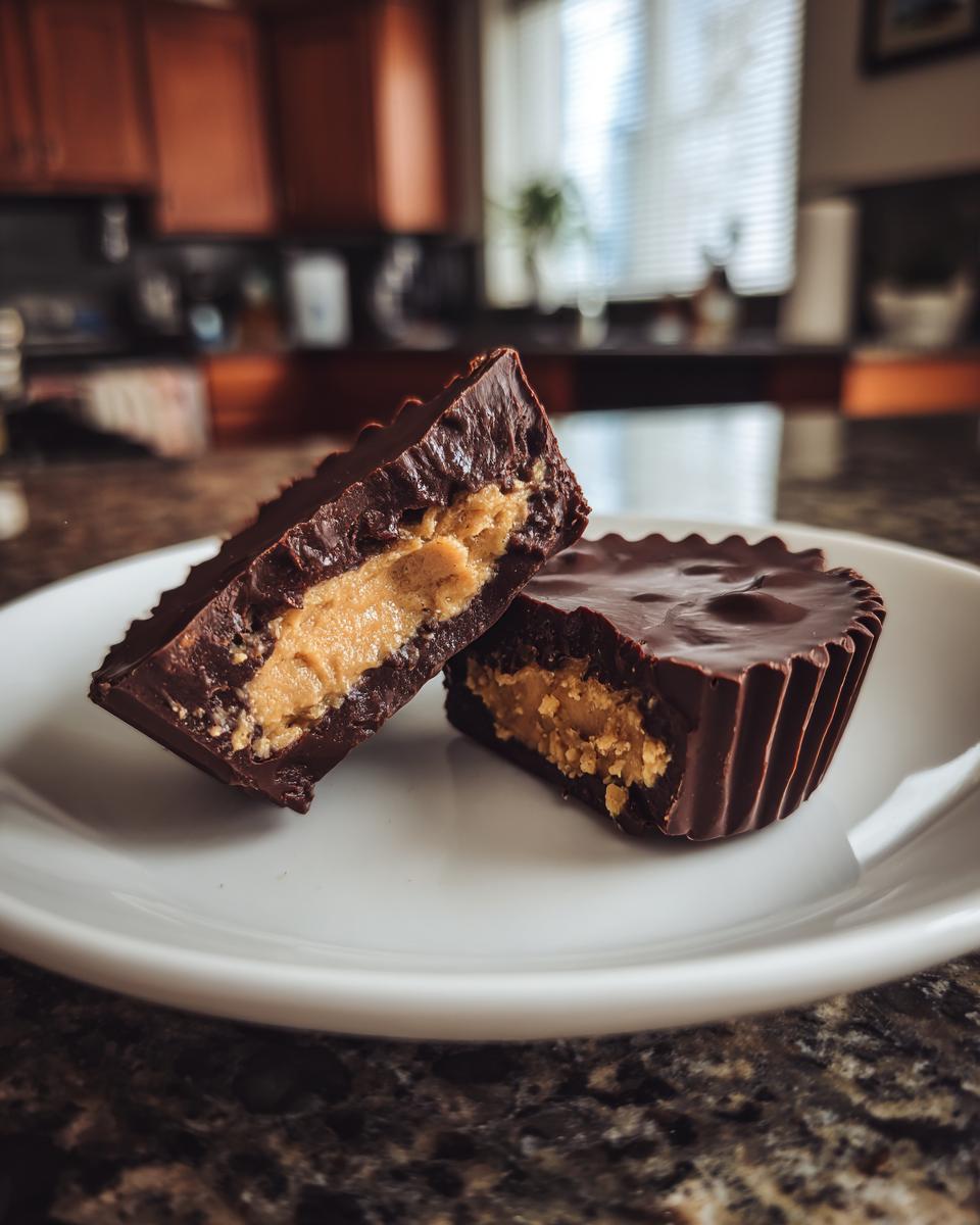 Close-up of two delicious homemade peanut butter cups, one cut in half, revealing the creamy peanut butter filling.
