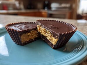 Close-up of two homemade peanut butter cups on a blue plate, one cut in half to show the rich peanut butter filling.