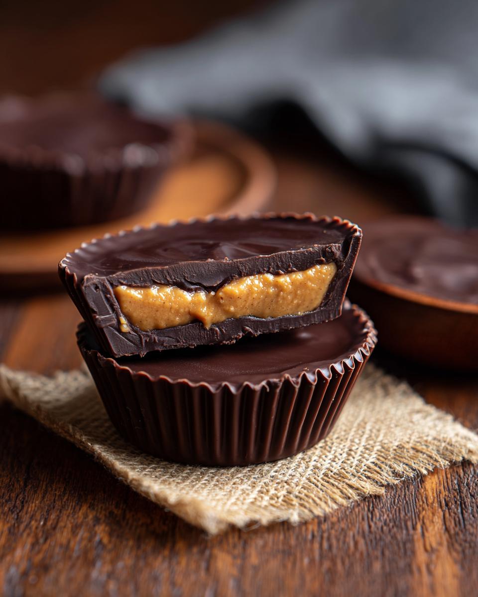 Close-up of two homemade peanut butter cups stacked, showing the rich chocolate shell and creamy peanut butter filling.