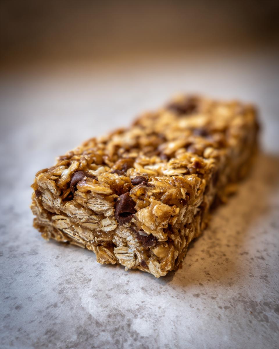 Close-up of a homemade protein bar with oats and chocolate chips, perfect for a quick snack.