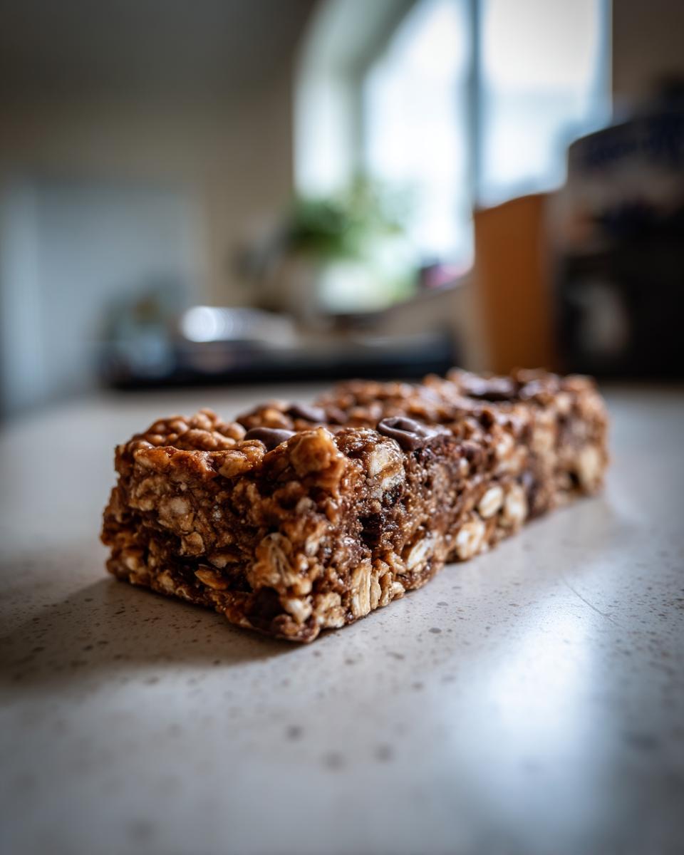 Close-up of a delicious homemade protein bar with oats, nuts, and chocolate chips.