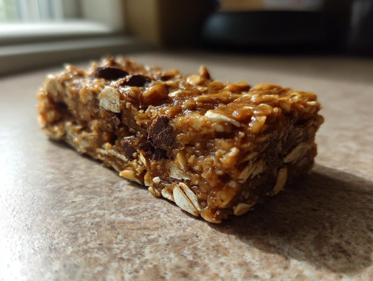 Close-up of a delicious homemade protein bar with oats and chocolate chips, perfect for a quick snack.