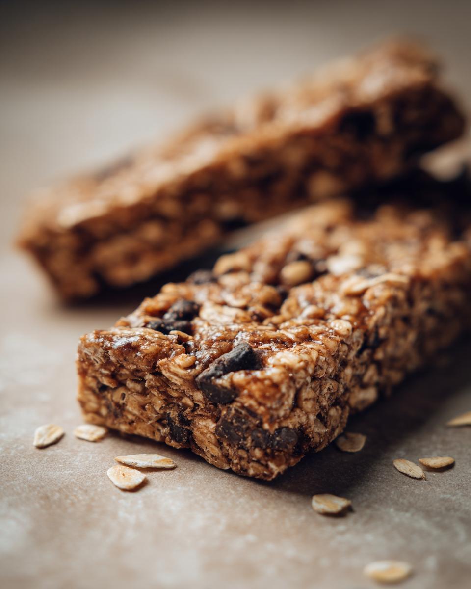 Close-up of two homemade protein bars packed with oats and chocolate chips, with scattered oats on the surface.