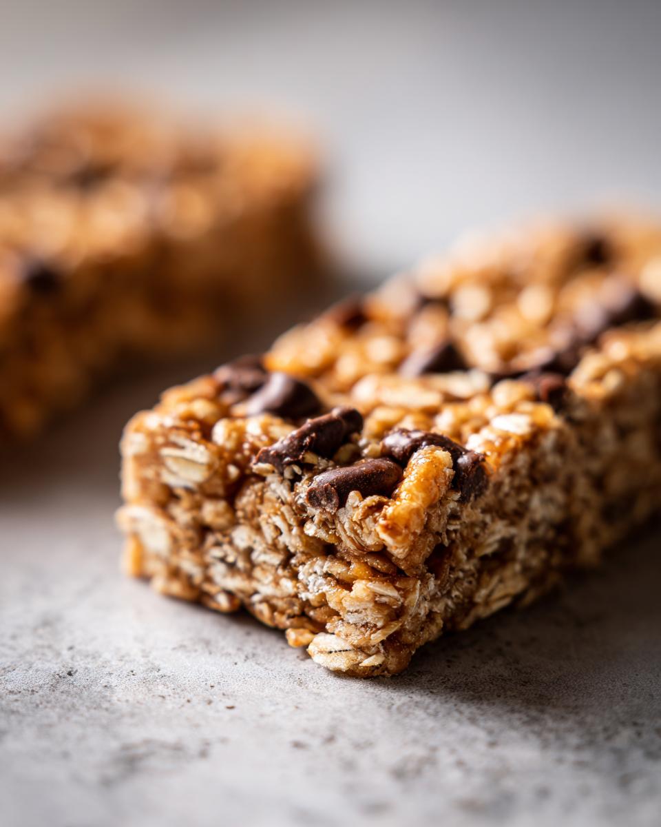 Close-up macro shot of a homemade protein bar with oats and chocolate chips.