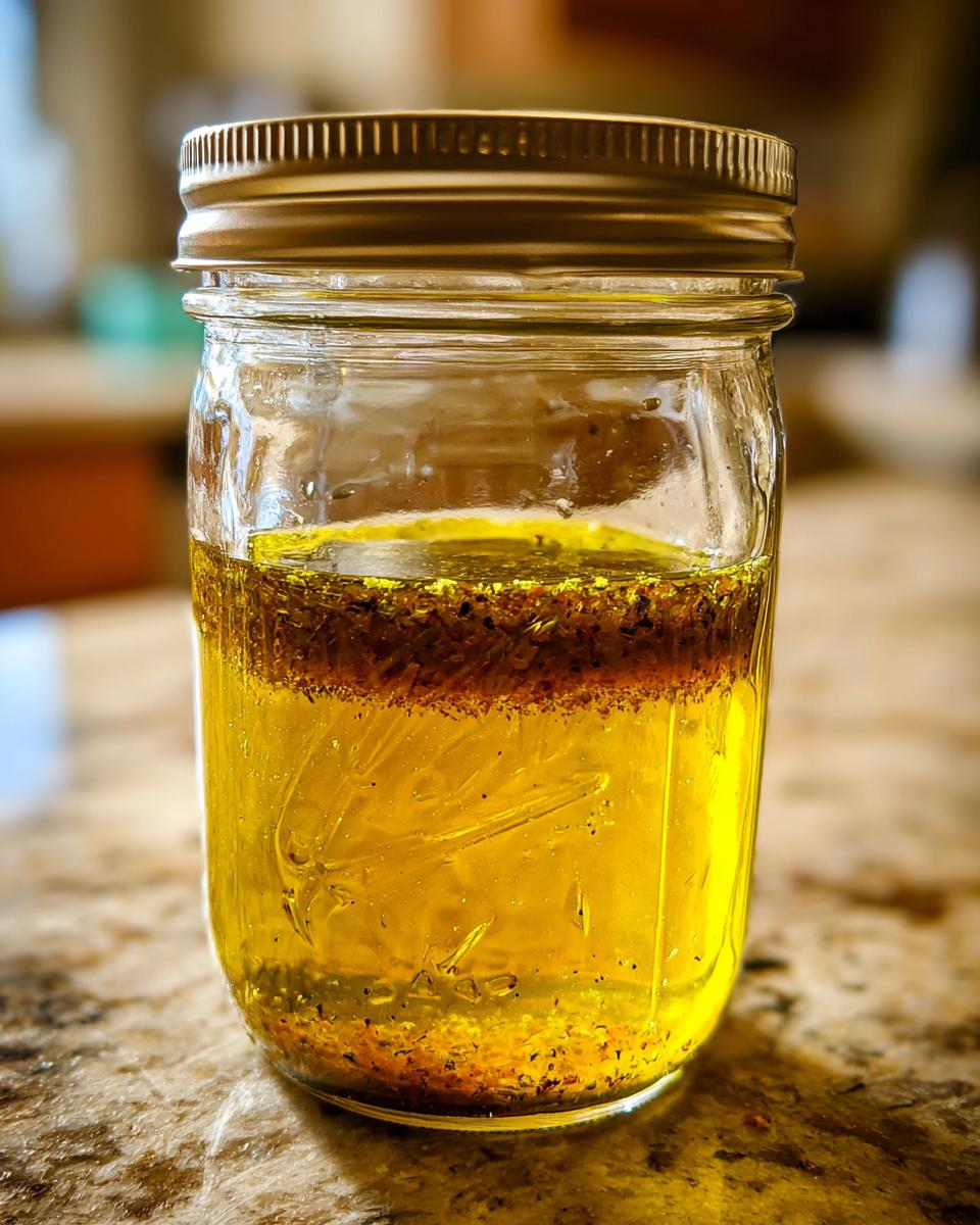 A glass jar filled with homemade vinaigrette salad dressing, showing layers of oil and seasonings.
