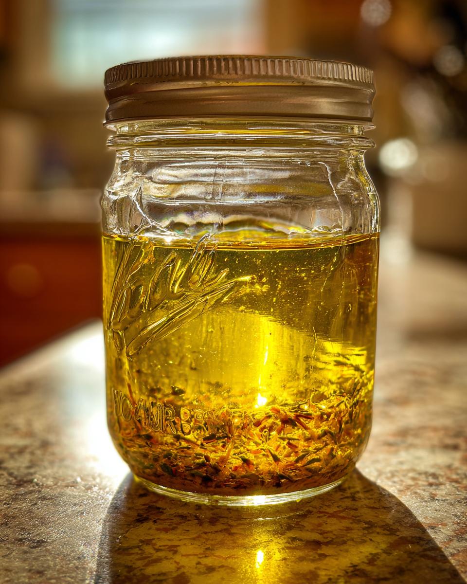 A clear mason jar filled with golden vinaigrette salad dressing and herbs at the bottom.