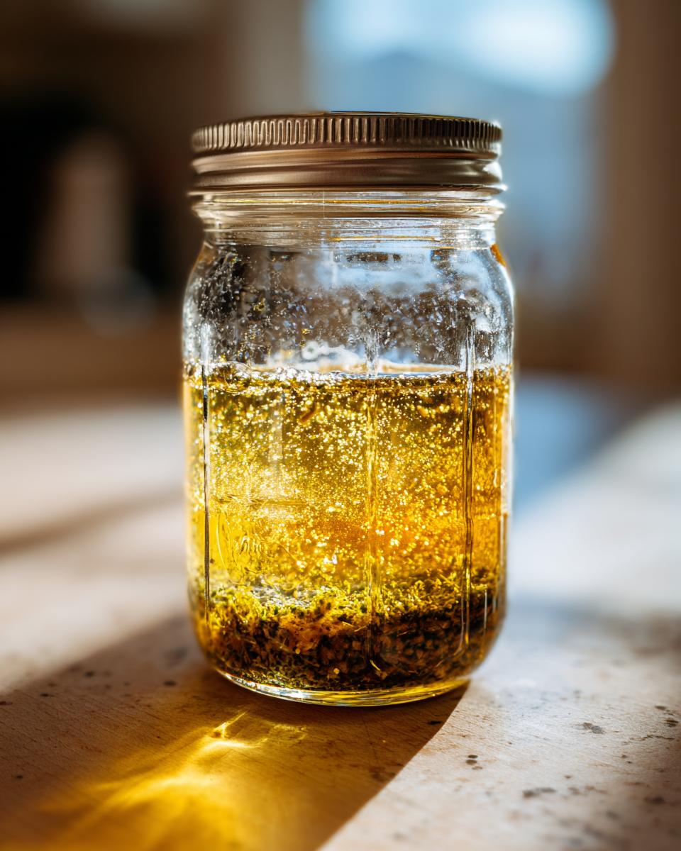 A glass jar filled with homemade vinaigrette salad dressing, showing oil, vinegar, and herbs separated.