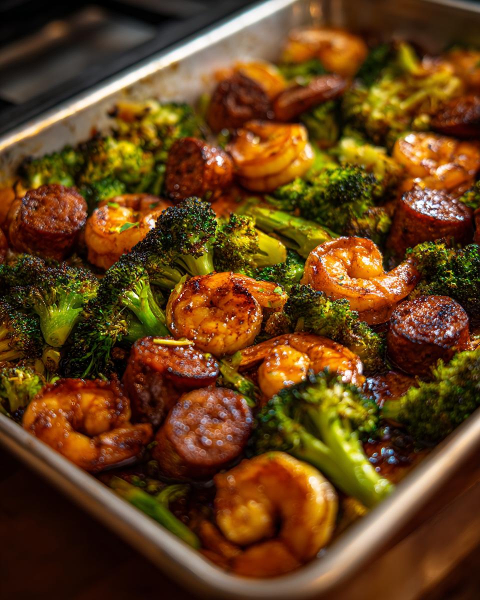 Close-up of honey garlic shrimp sausage and broccoli roasted in a baking pan.
