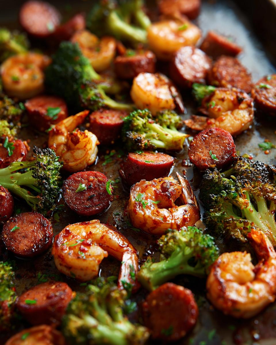 Close-up of a sheet pan meal with honey garlic shrimp, sausage slices, and roasted broccoli florets.