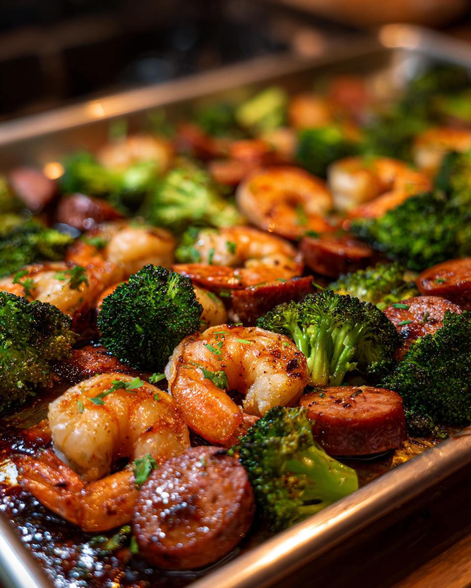 Close-up of a sheet pan filled with honey garlic shrimp, sausage slices, and roasted broccoli florets, garnished with parsley.