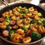 Close-up of a skillet filled with honey garlic shrimp, sausage, and broccoli florets, garnished with chives.