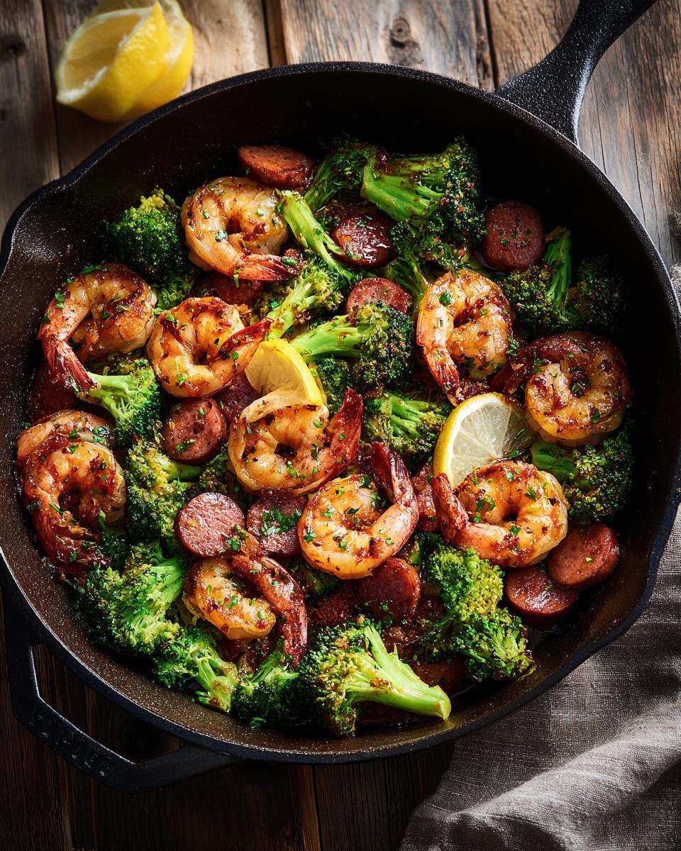 A cast iron skillet filled with honey garlic shrimp sausage and broccoli, garnished with lemon wedges.