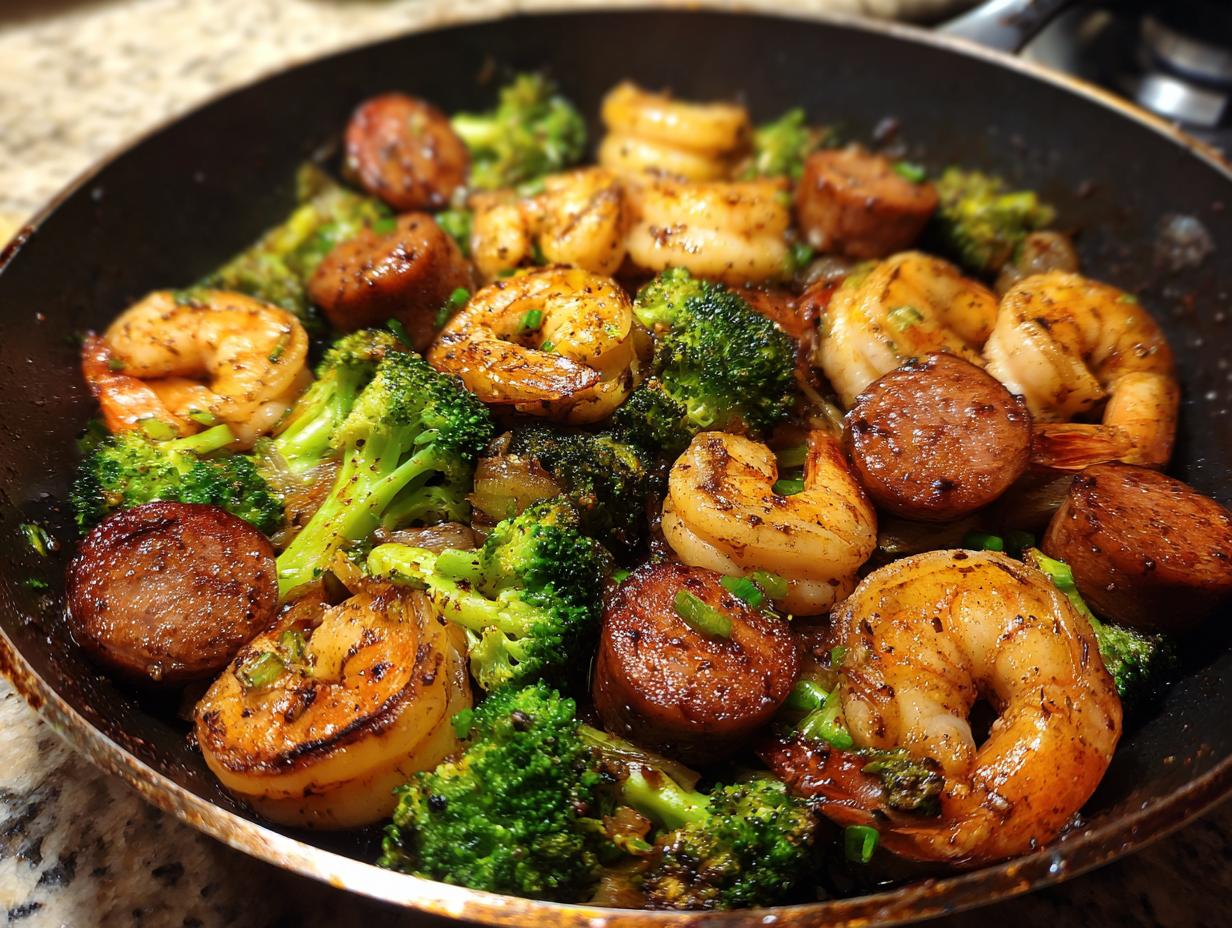 Close-up of a skillet filled with honey garlic shrimp sausage and broccoli, garnished with green onions.