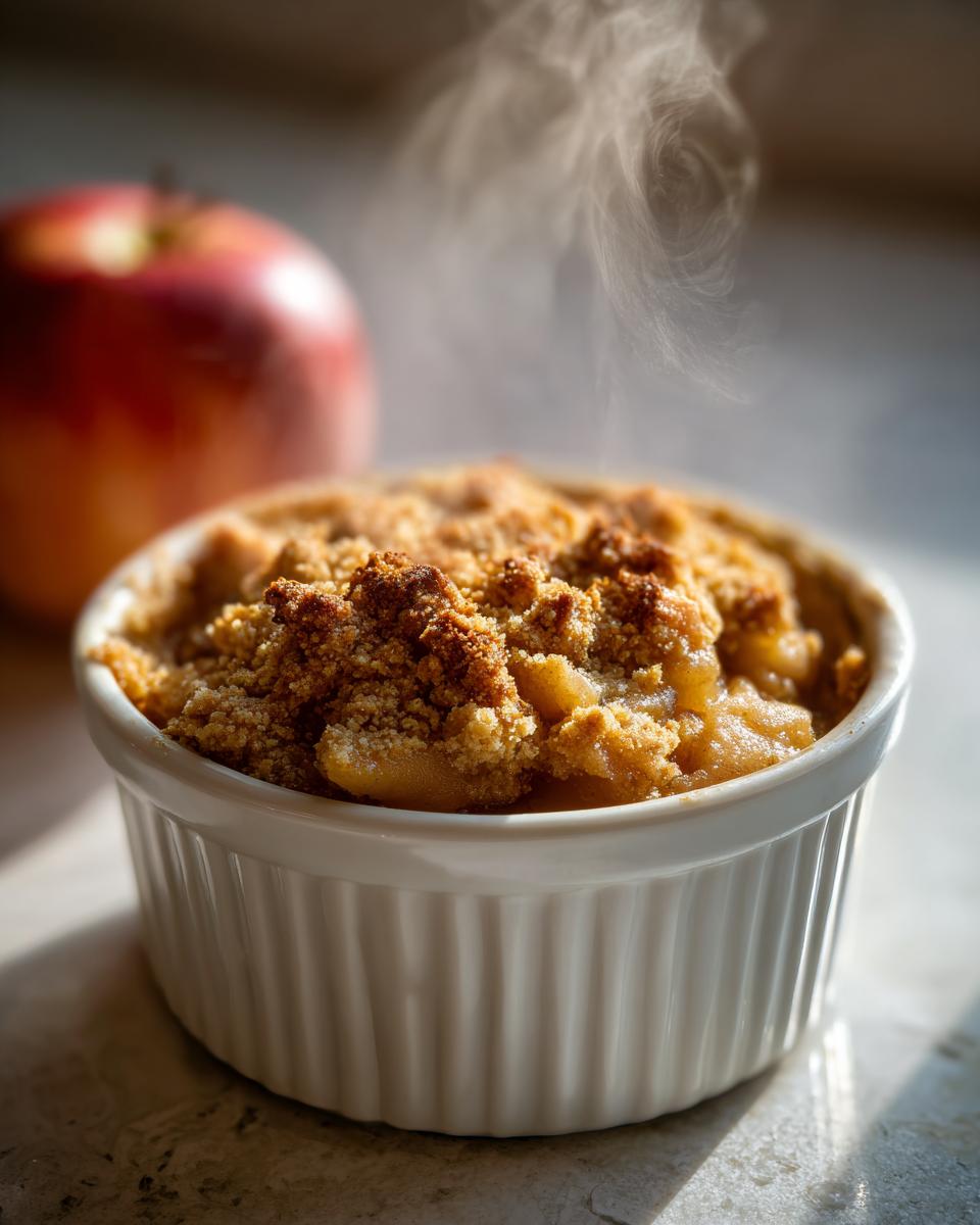 A steaming ramekin of delicious apple crisp, with a whole apple in the background.