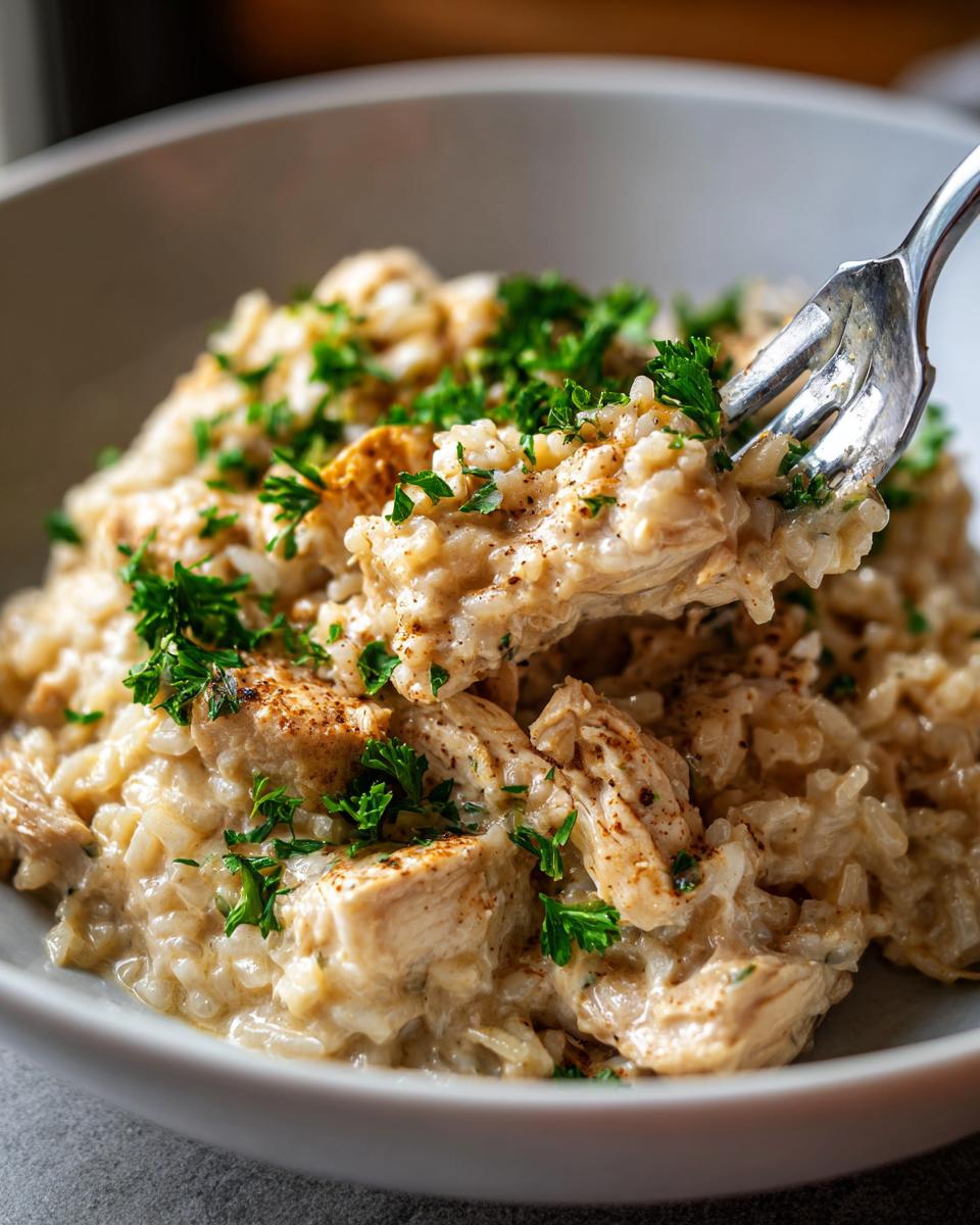 A fork lifting a bite of creamy Instant Pot chicken and rice, garnished with fresh parsley.
