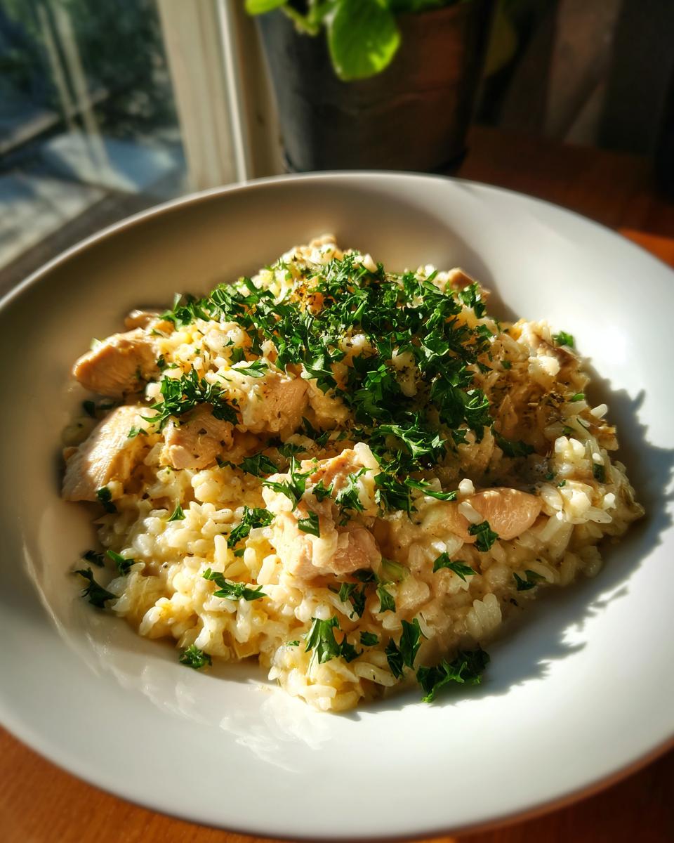 A close-up of a white bowl filled with Instant Pot chicken and rice, topped with fresh parsley.
