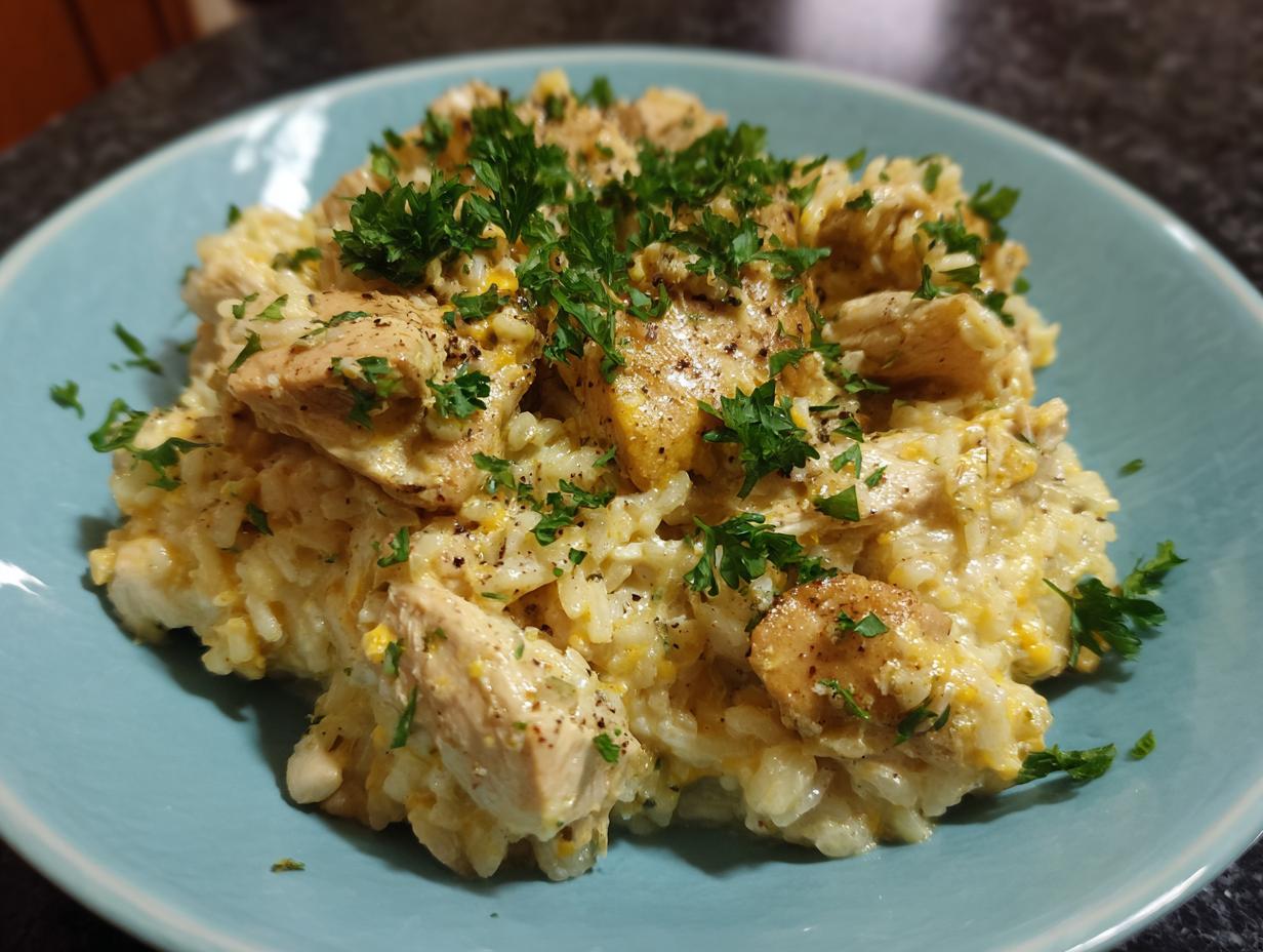 A close-up of creamy Instant Pot chicken and rice topped with fresh parsley and black pepper.