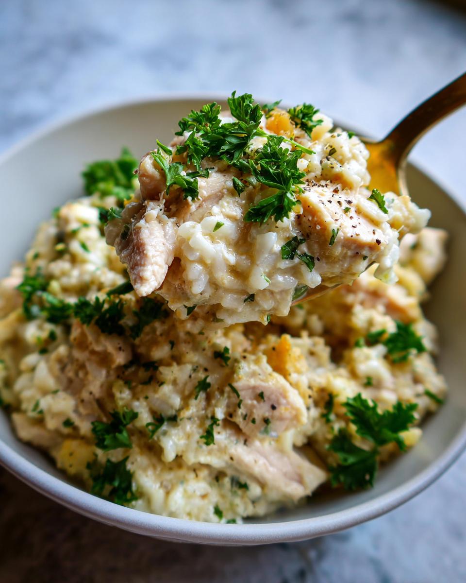 A spoonful of creamy Instant Pot chicken and rice, garnished with fresh parsley and black pepper.