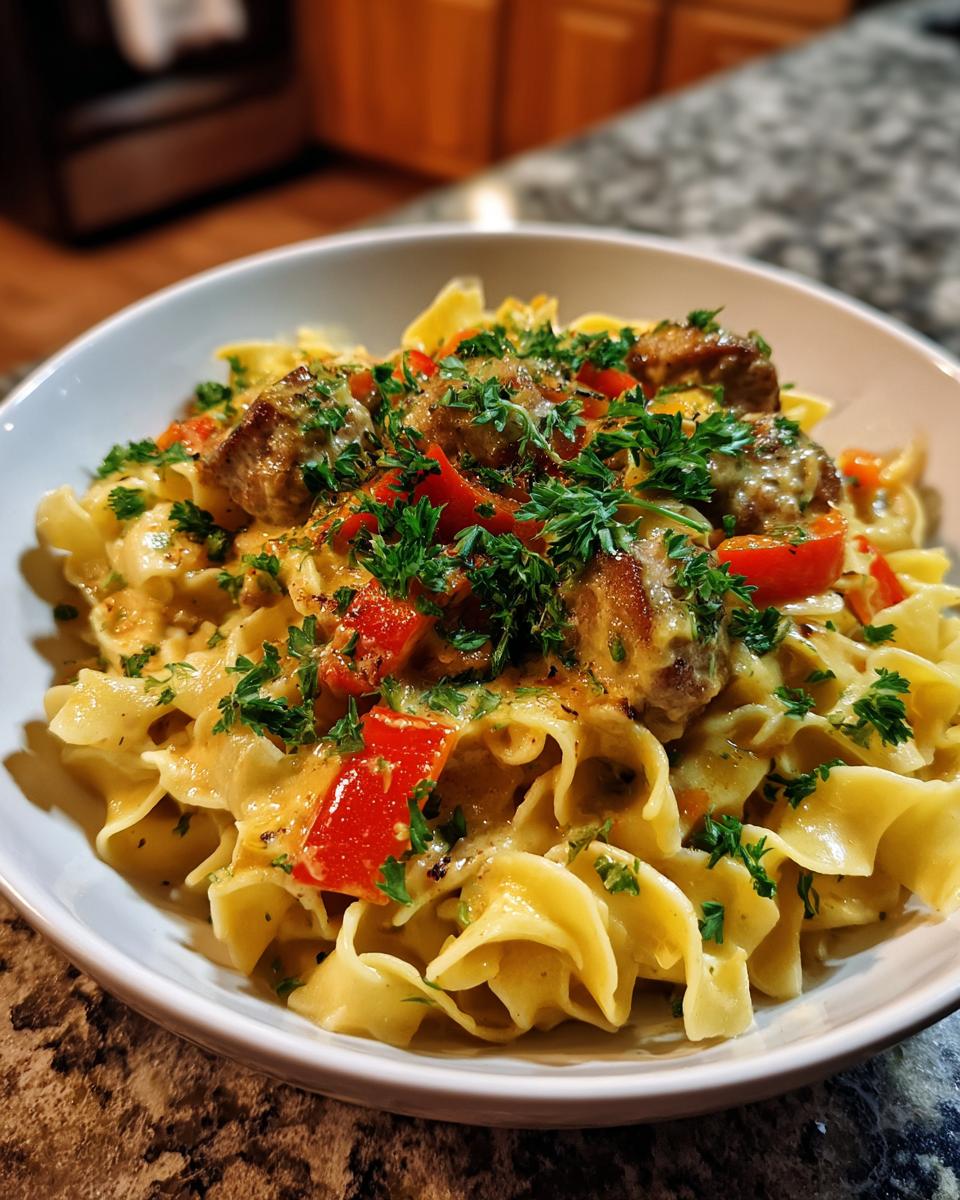 A close-up of Italian Drunken Noodles with creamy sauce, meatballs, red bell peppers, and fresh parsley.