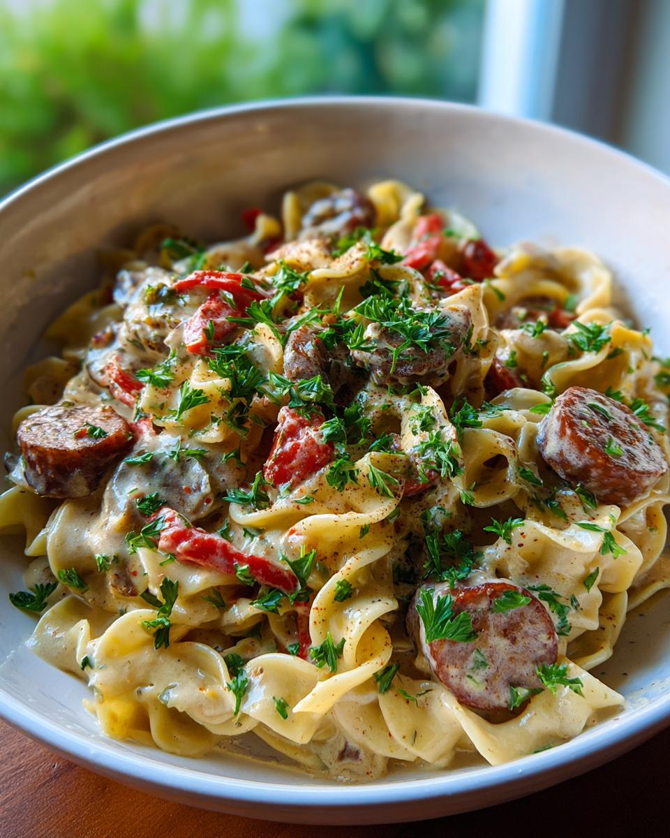 A close-up of creamy Italian drunken noodles with sliced sausage and red peppers, garnished with parsley.