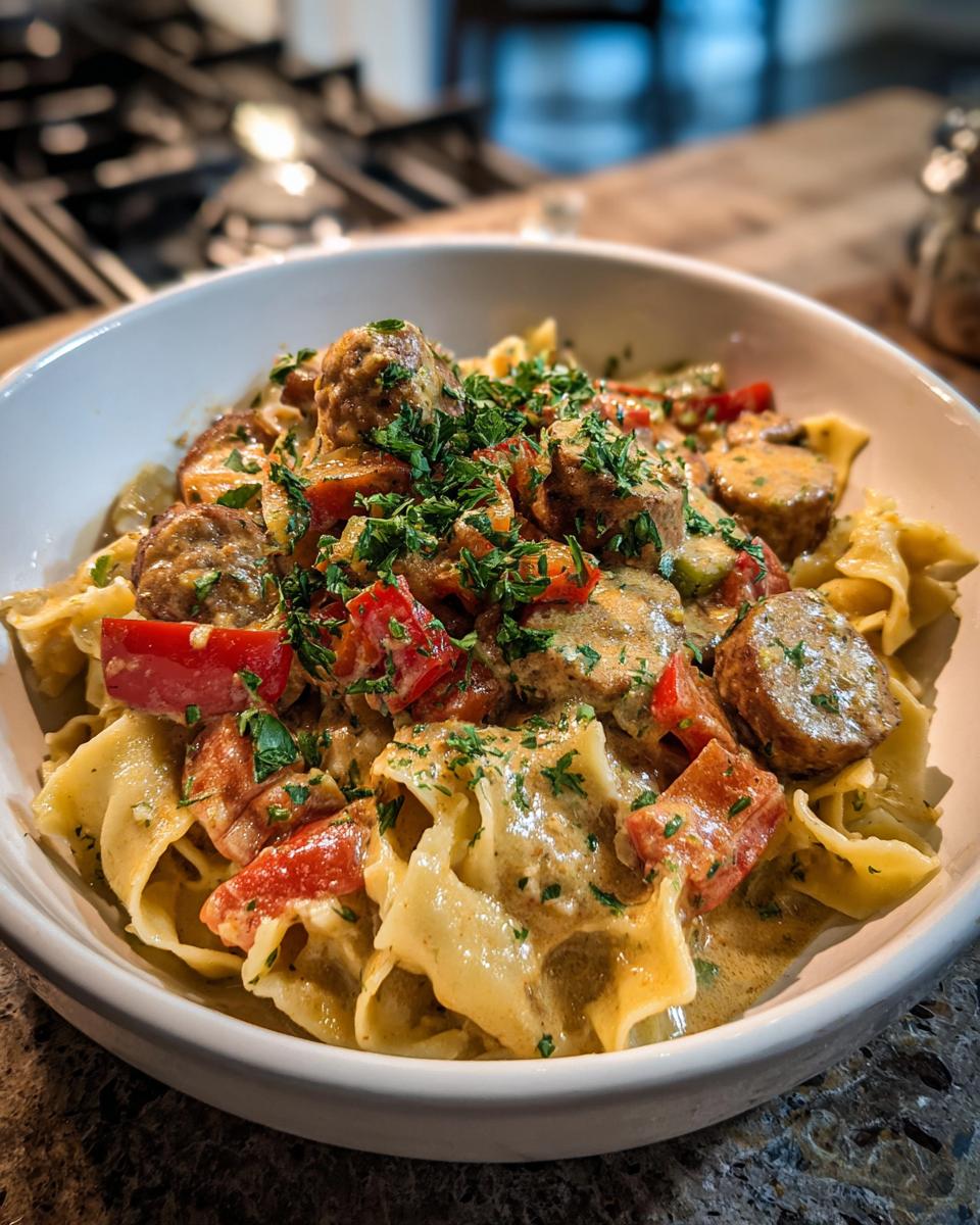 A bowl of Italian drunken noodles topped with sausage, peppers, and fresh parsley.