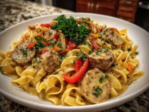 A close-up of Italian Drunken Noodles with sliced sausage, bell peppers, and a creamy sauce, garnished with parsley.