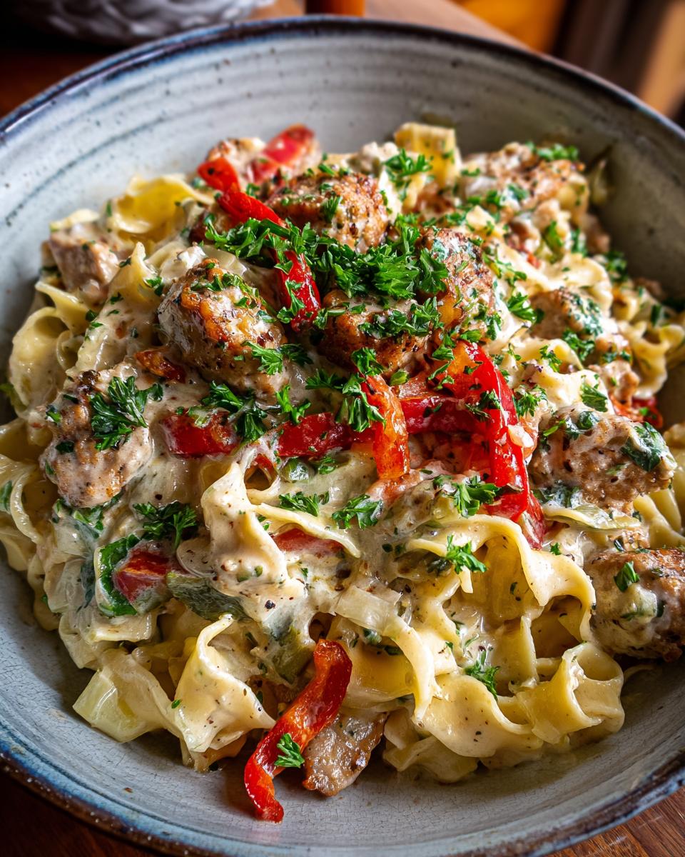 A close-up of Italian drunken noodles with creamy sauce, sausage, red peppers, and parsley.