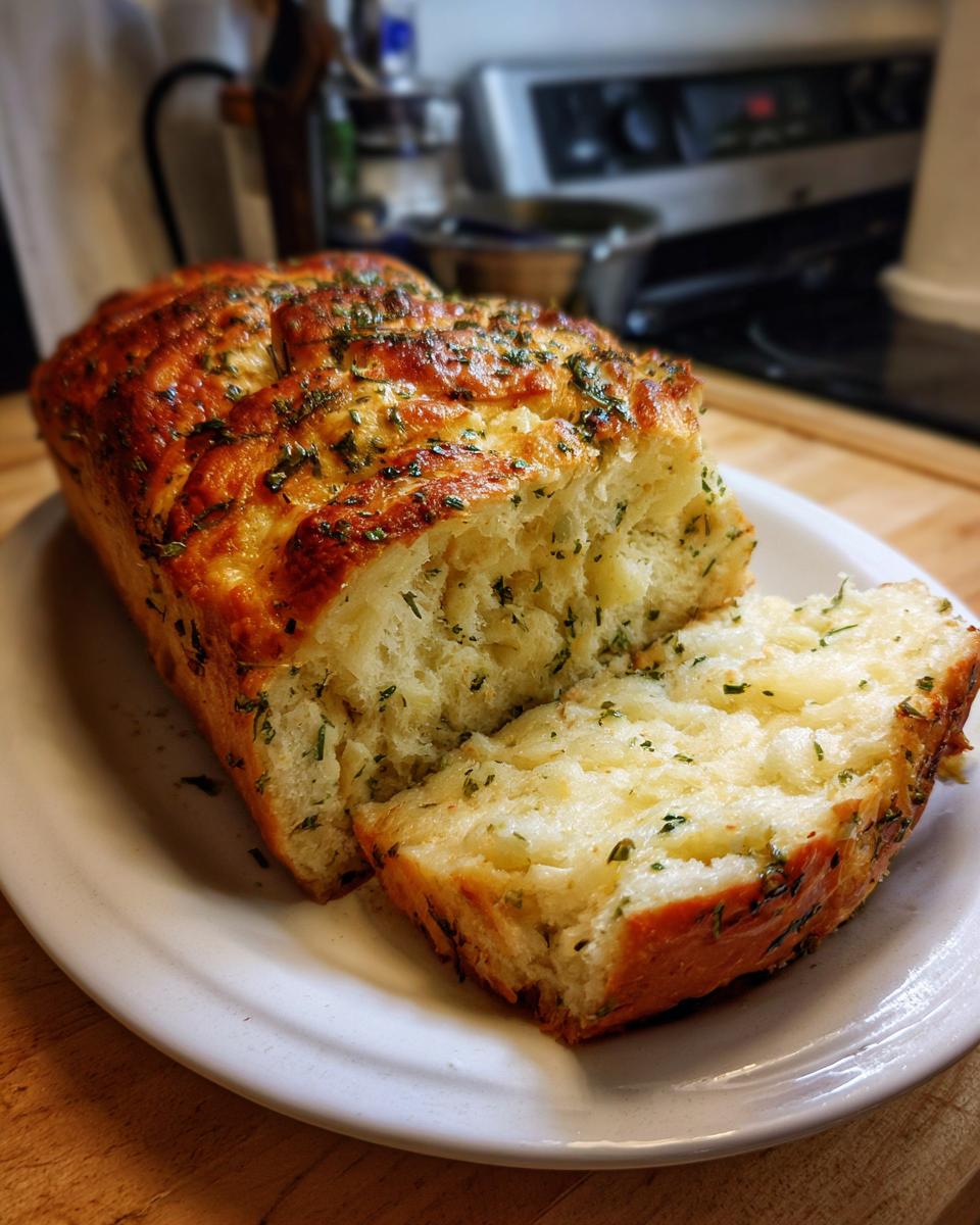 A freshly baked loaf of Italian herb and cheese bread, sliced and ready to serve.