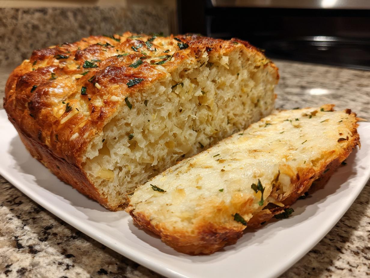 A golden-brown loaf of Italian herb and cheese bread, with one slice cut and resting on the loaf.