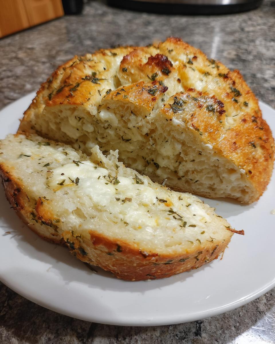 A slice of delicious Italian herb and cheese bread, showing melted cheese and herbs inside.