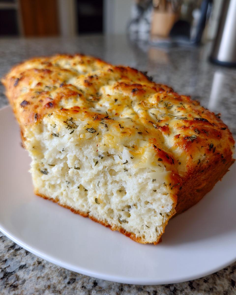 A slice of golden-brown Italian herb and cheese bread with visible herbs and melted cheese on a white plate.