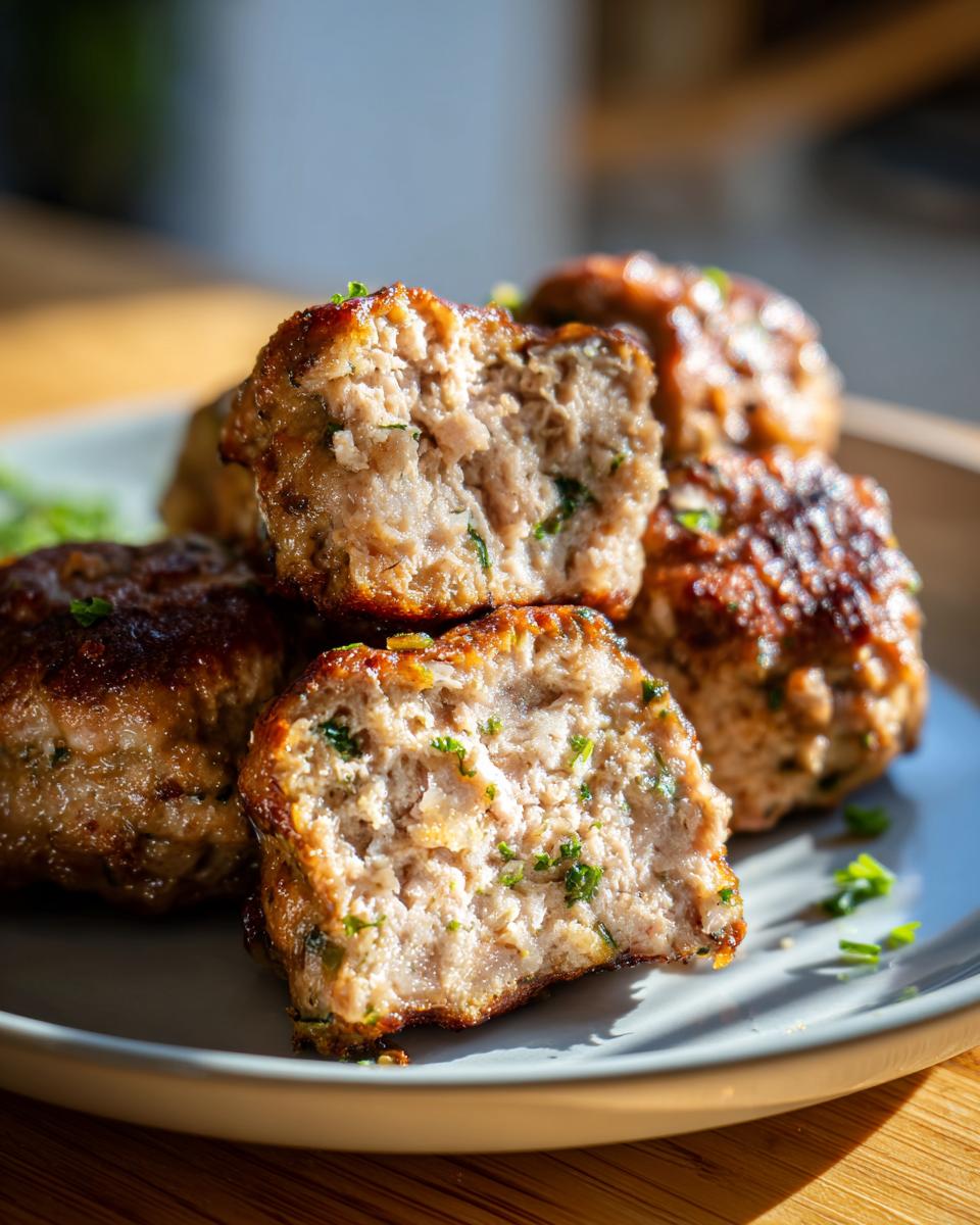 Close-up of ultra-tender Italian meatballs, one cut in half to reveal a moist interior with herbs.