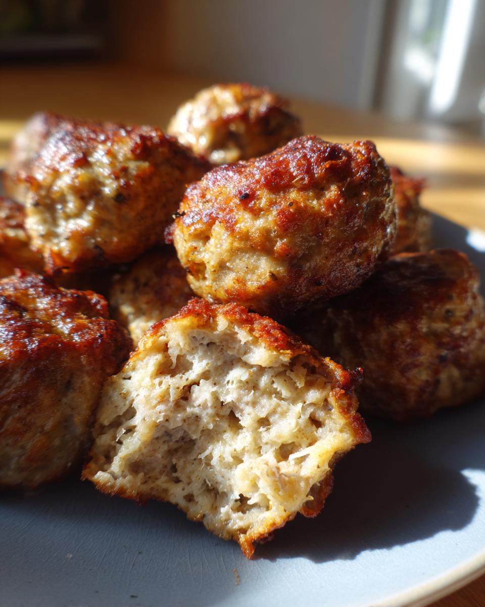 Close-up of ultra-tender Italian meatballs, one broken open to reveal a fluffy interior.