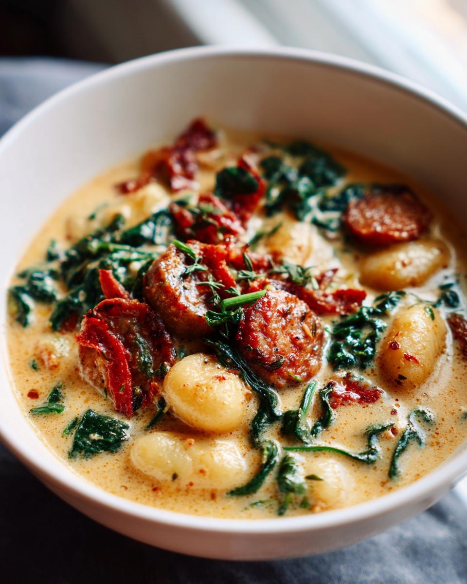 Close-up of a bowl of Italian sausage gnocchi soup with creamy broth, spinach, and sun-dried tomatoes.