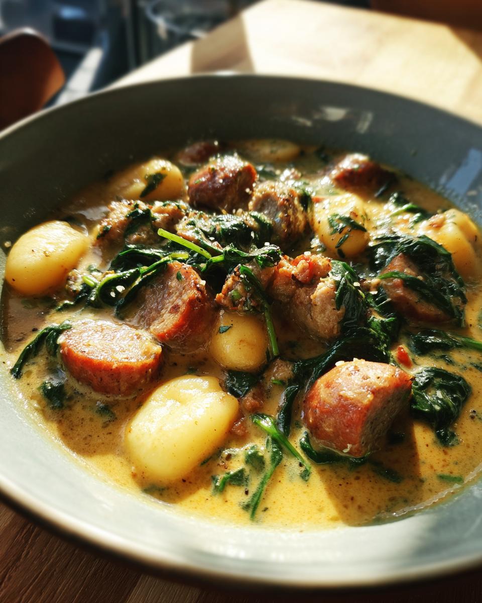 Close-up of a bowl of Italian sausage gnocchi soup with creamy broth, tender gnocchi, and wilted spinach.