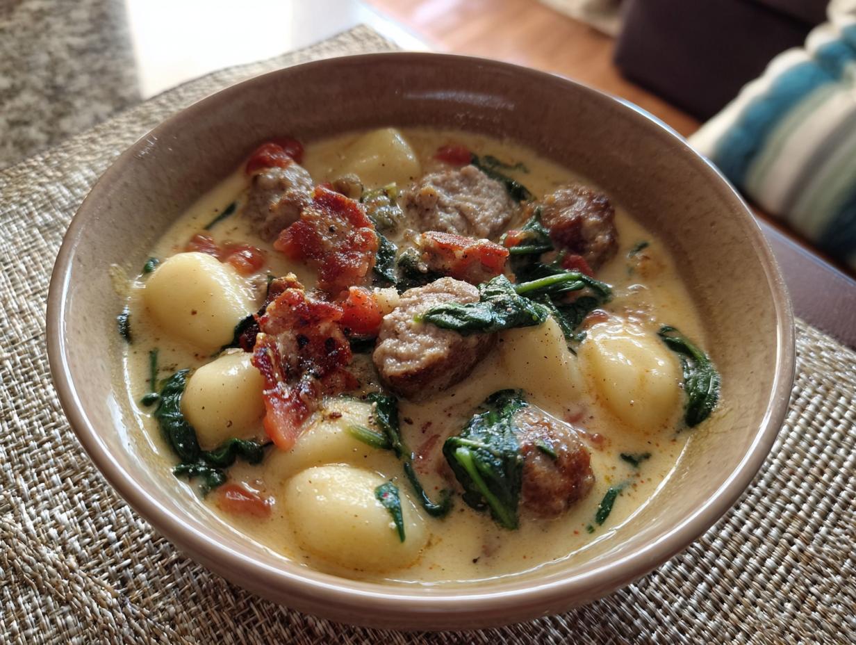 A close-up of a rustic bowl filled with creamy Italian sausage gnocchi soup, featuring tender gnocchi, savory sausage, and wilted spinach.
