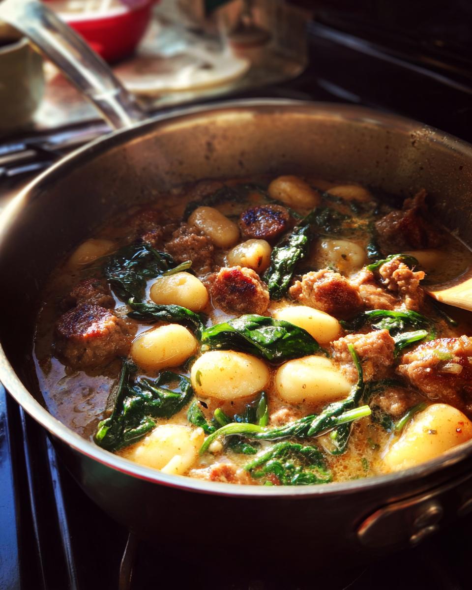 Close-up of a simmering pot of Italian sausage gnocchi soup with tender gnocchi, crumbled sausage, and wilted spinach.