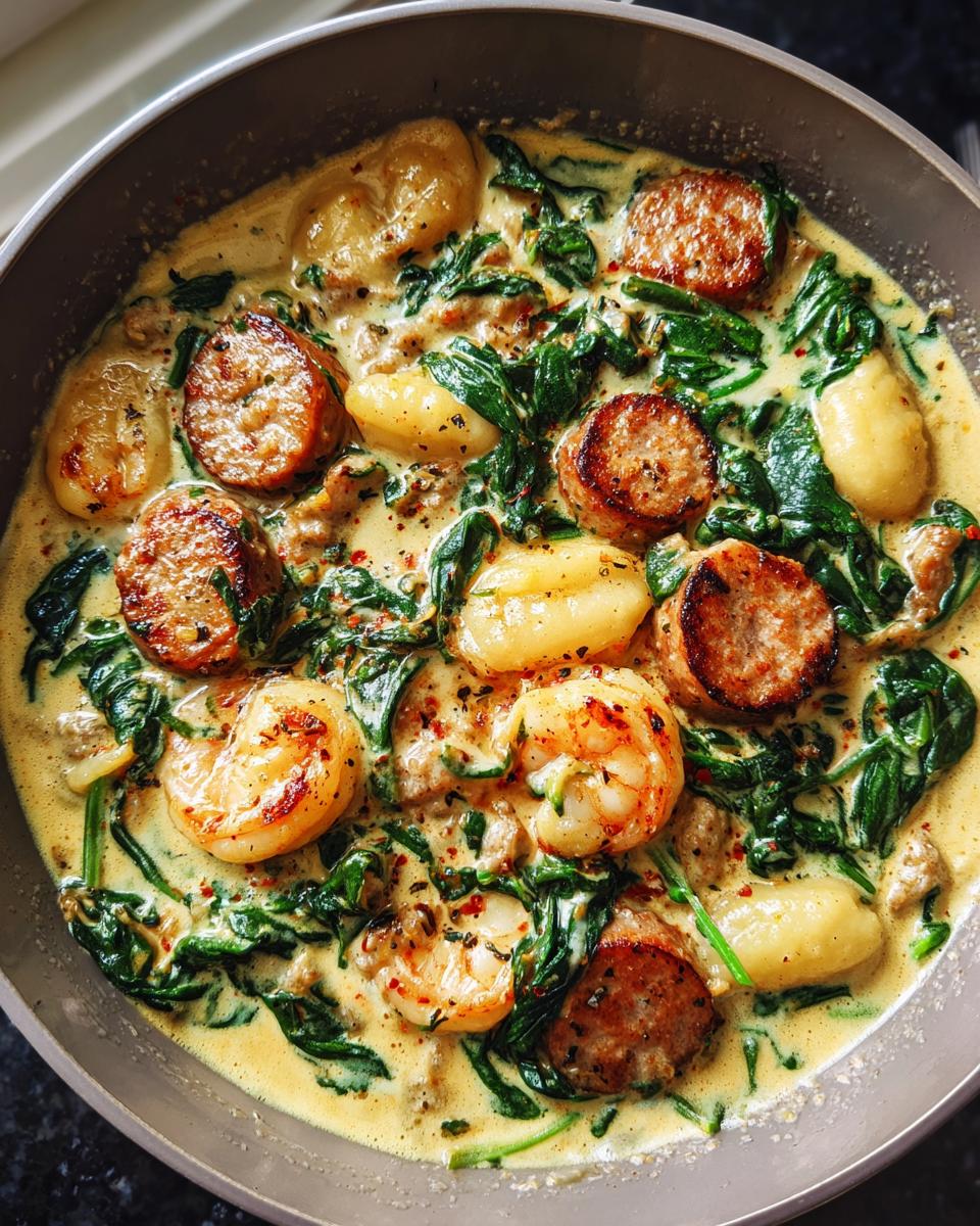 Close-up of Italian sausage gnocchi soup with tender gnocchi, sliced Italian sausage, shrimp, and wilted spinach in a creamy broth.