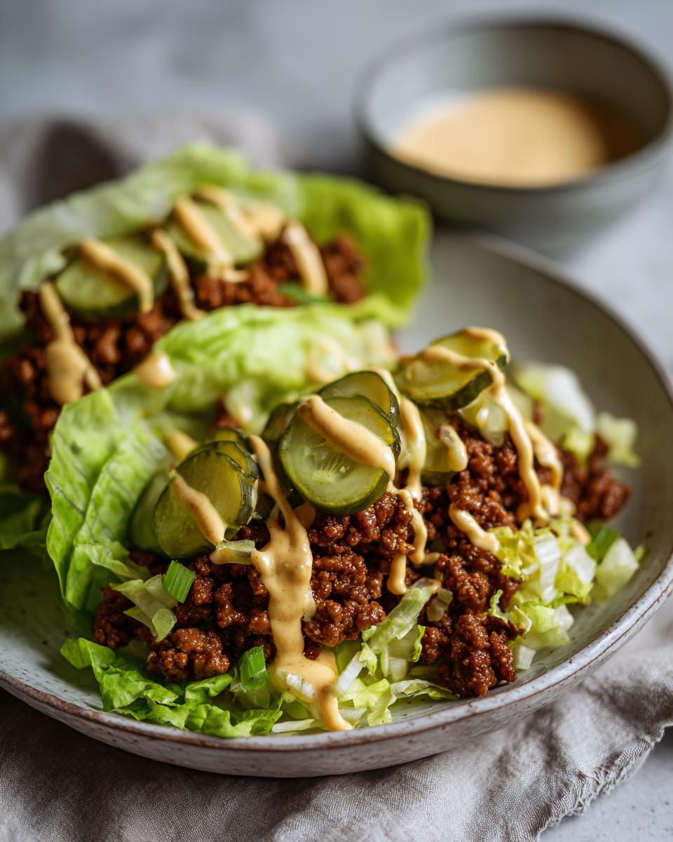 Close-up of keto Big Mac salad served in lettuce cups, topped with pickles and special sauce.
