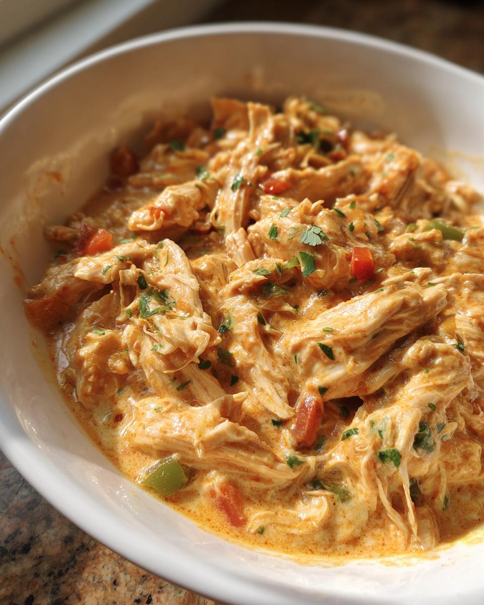 Close-up of creamy Keto Cream Cheese Chicken Chili with shredded chicken, diced tomatoes, and green peppers, garnished with parsley.
