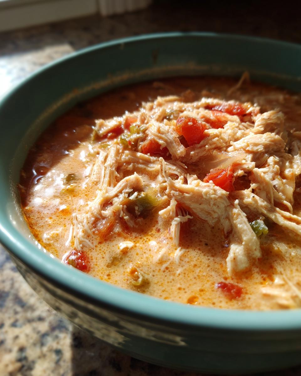 Close-up of a bowl of Keto Cream Cheese Chicken Chili, featuring shredded chicken, tomatoes, and peppers in a creamy broth.