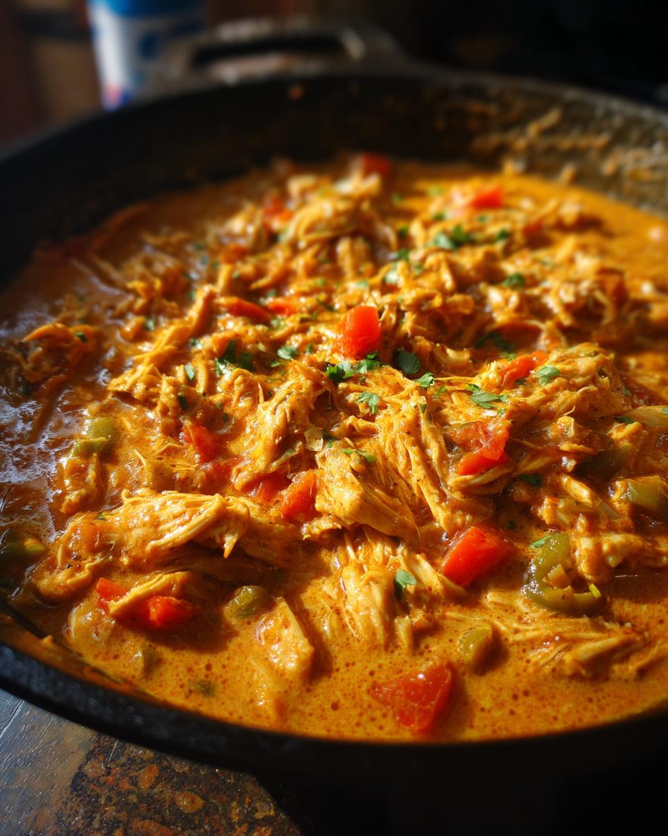 Close-up of a rich, creamy Keto Cream Cheese Chicken Chili in a cast iron skillet, garnished with fresh cilantro.