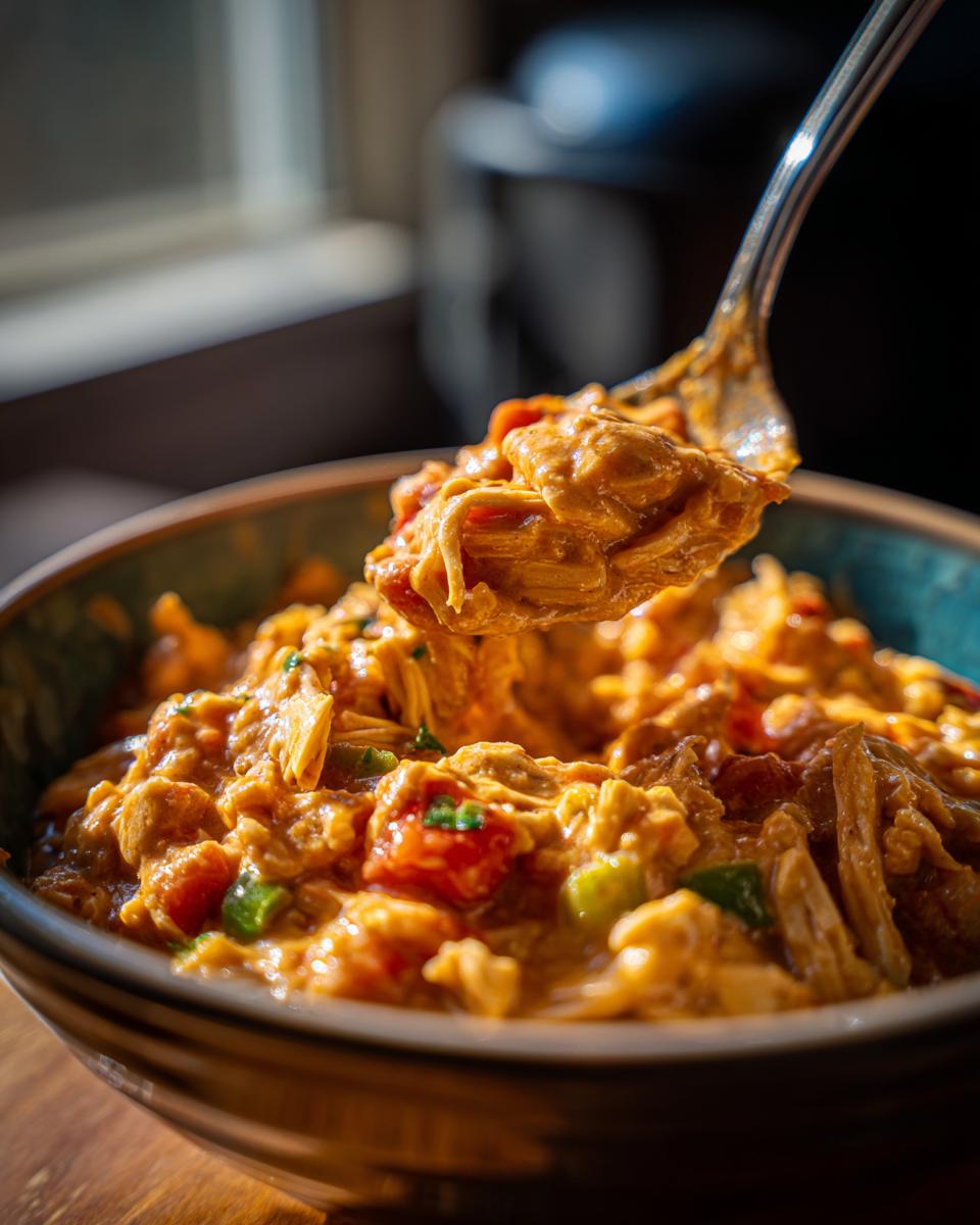 A spoonful of creamy Keto Cream Cheese Chicken Chili with shredded chicken, tomatoes, and green peppers.