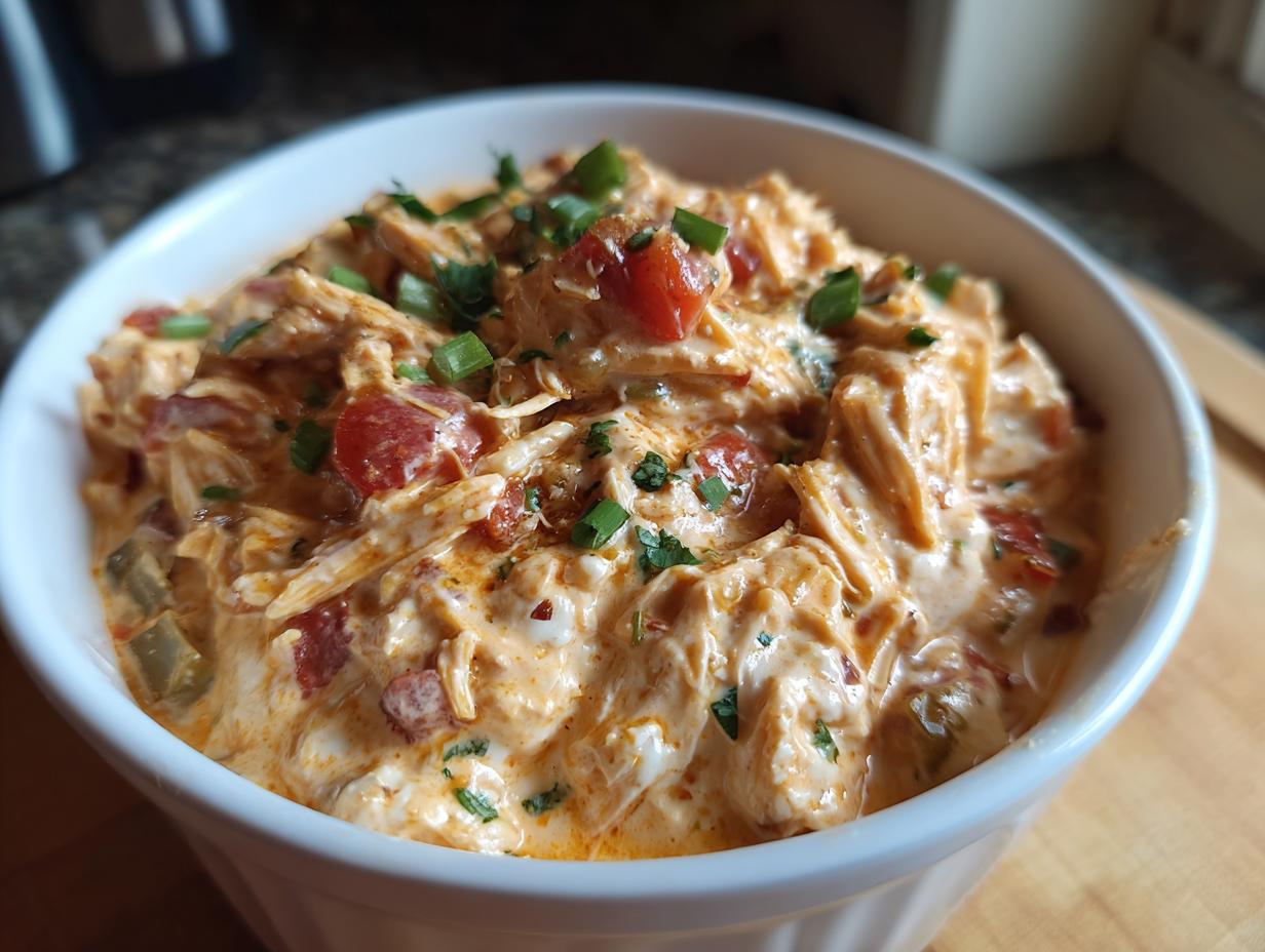 A close-up of creamy Keto Cream Cheese Chicken Chili in a white bowl, garnished with chopped green onions and parsley.